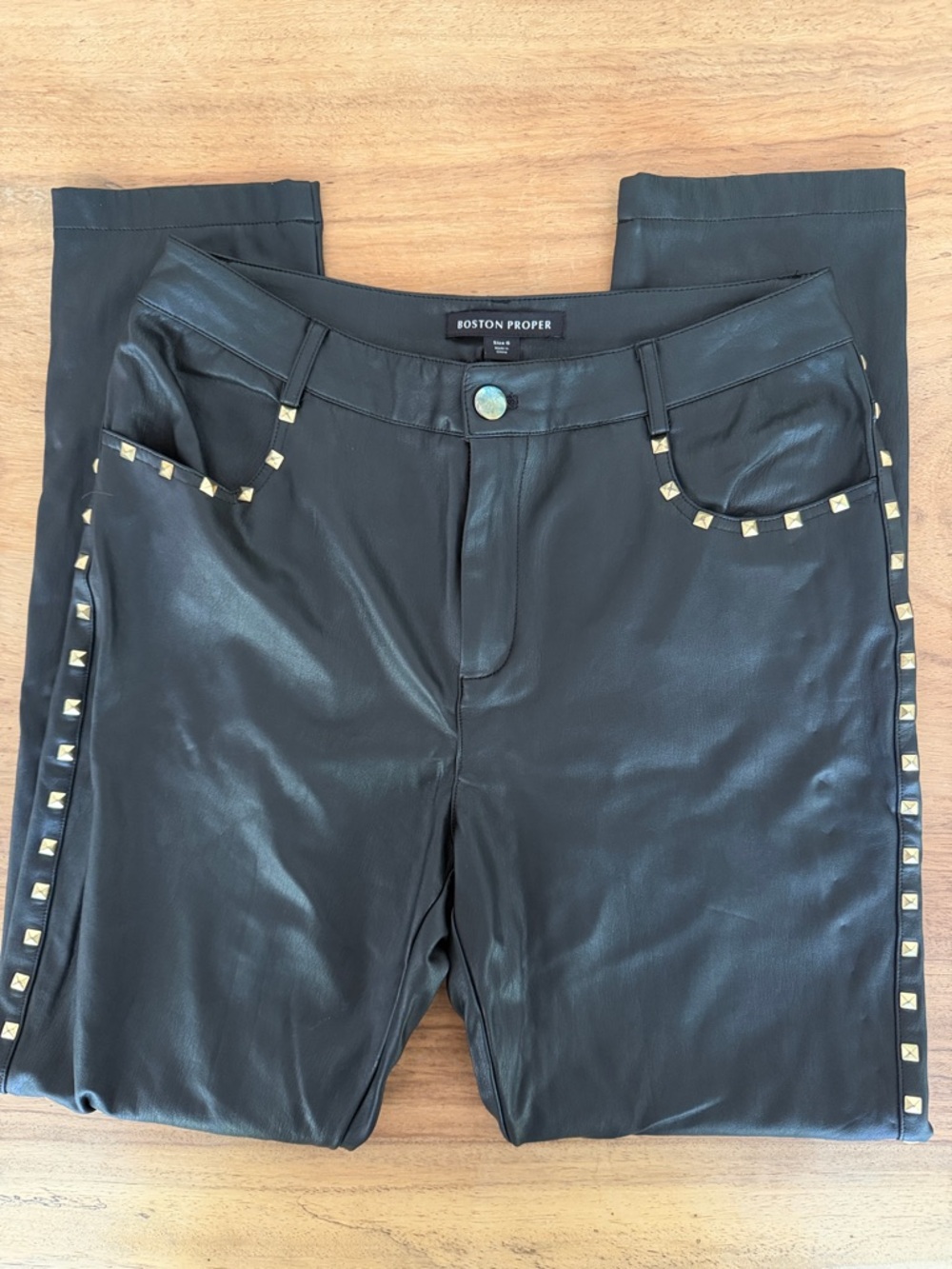 Boston Proper Black Faux Leather Gold Studded Pants Size 6